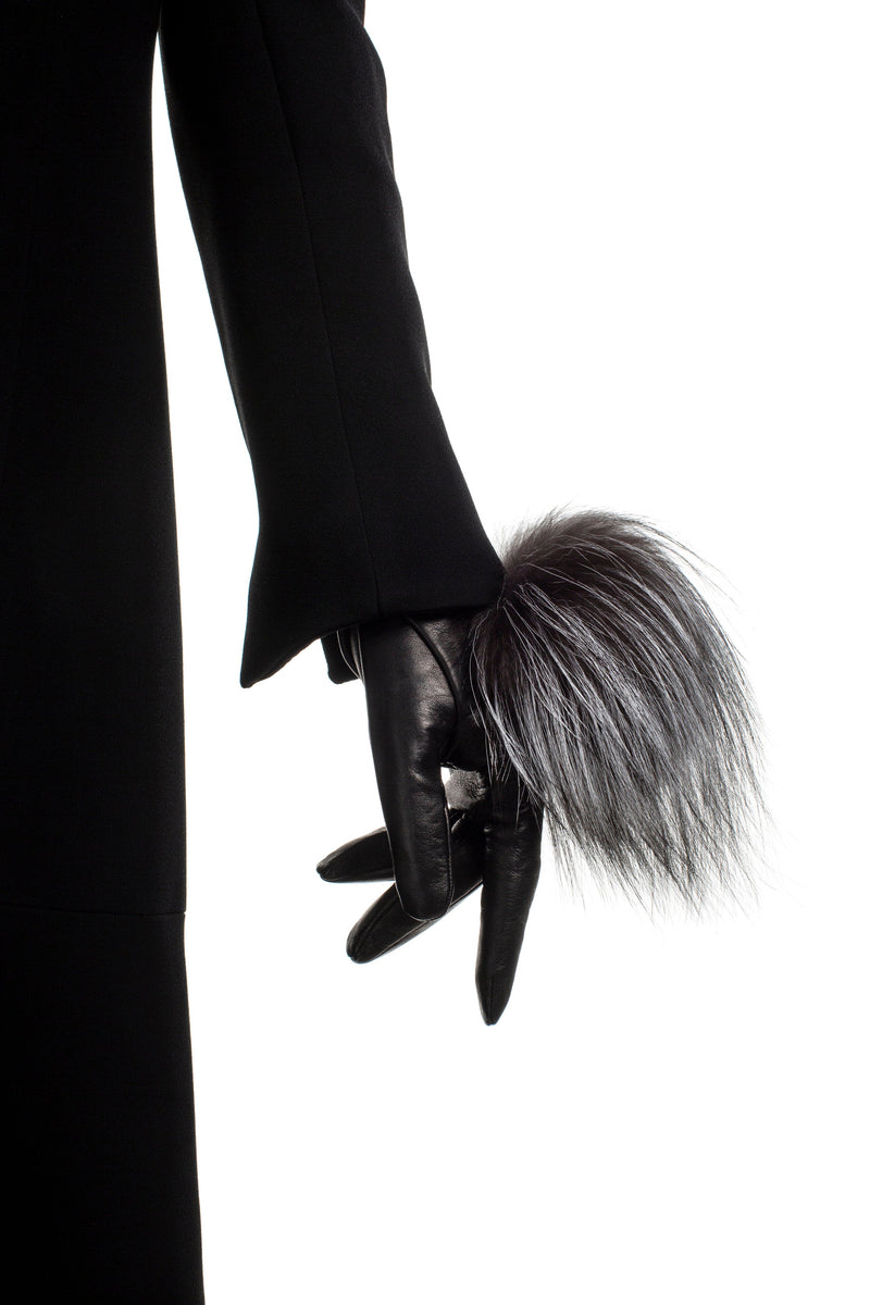 Mit Seide gefütterte Lederhandschuhe für Damen mit Fuchspelz-Pom Pom-Veronique Pom Pom