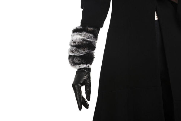 Schwarze Damen-Lederhandschuhe mit spektakulärem Kaninchenfell-Manschette-Veronique Rex