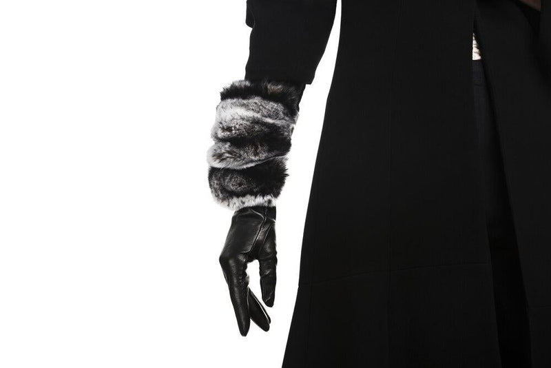 Schwarze Damen-Lederhandschuhe mit spektakulärem Kaninchenfell-Manschette-Veronique Rex