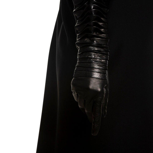 Lange geraffte schwarze Lederhandschuhe für Damen - Lola Layered