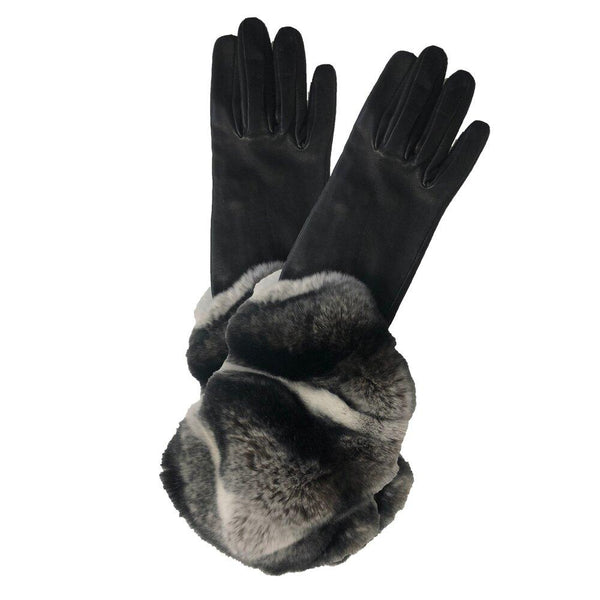Schwarze Damen-Lederhandschuhe mit spektakulärem Kaninchenfell-Manschette-Veronique Rex