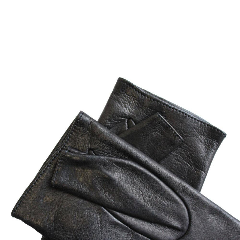 Fingerlose Damen-Lederhandschuhe mit Seidenfutter und Fergie-Ledermanschette