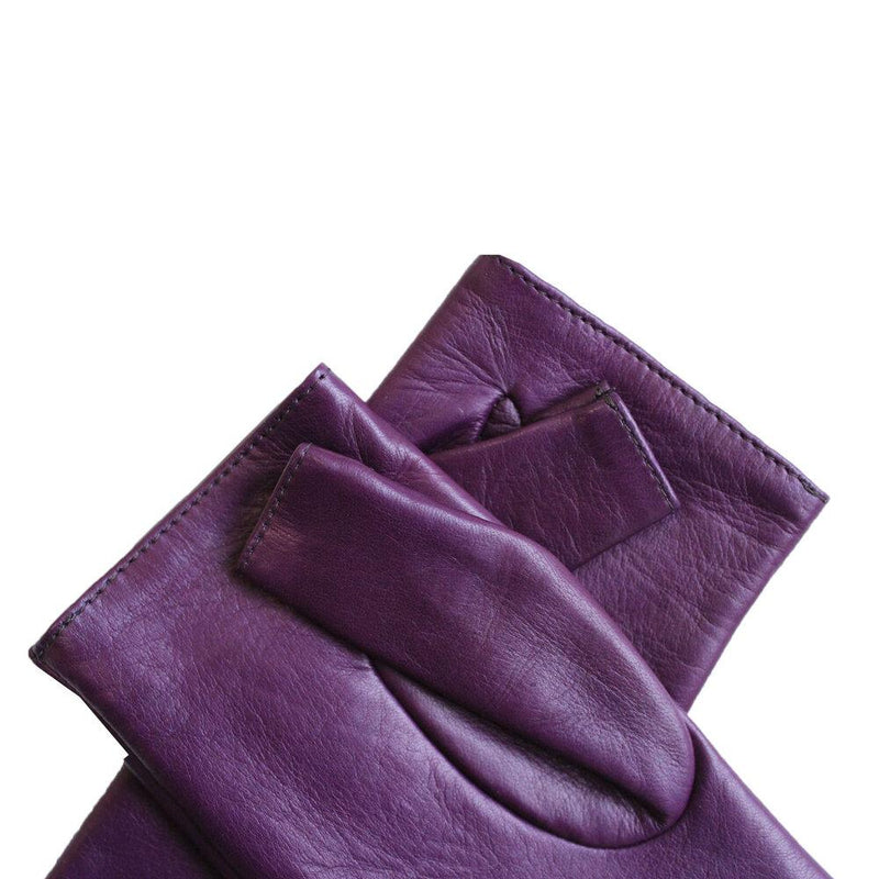 Fingerlose Damen-Lederhandschuhe mit Seidenfutter und Fergie-Ledermanschette