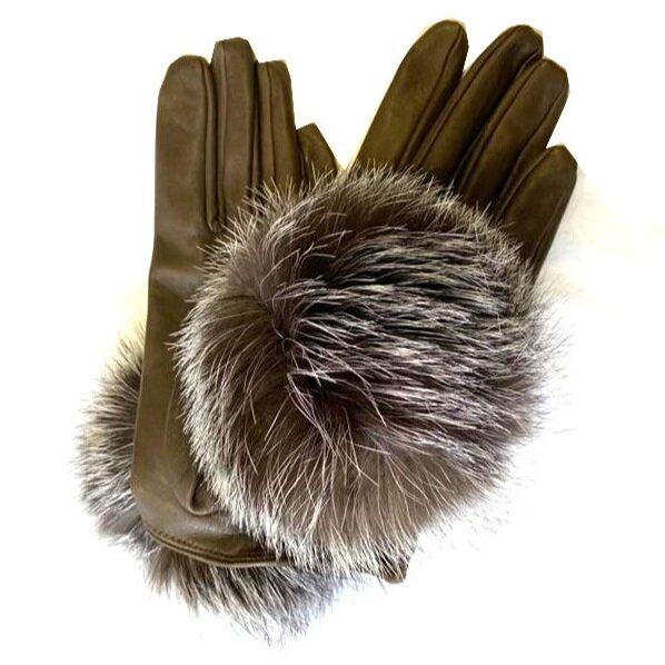 Mit Seide gefütterte Lederhandschuhe für Damen mit Fuchspelz-Pom Pom-Veronique Pom Pom