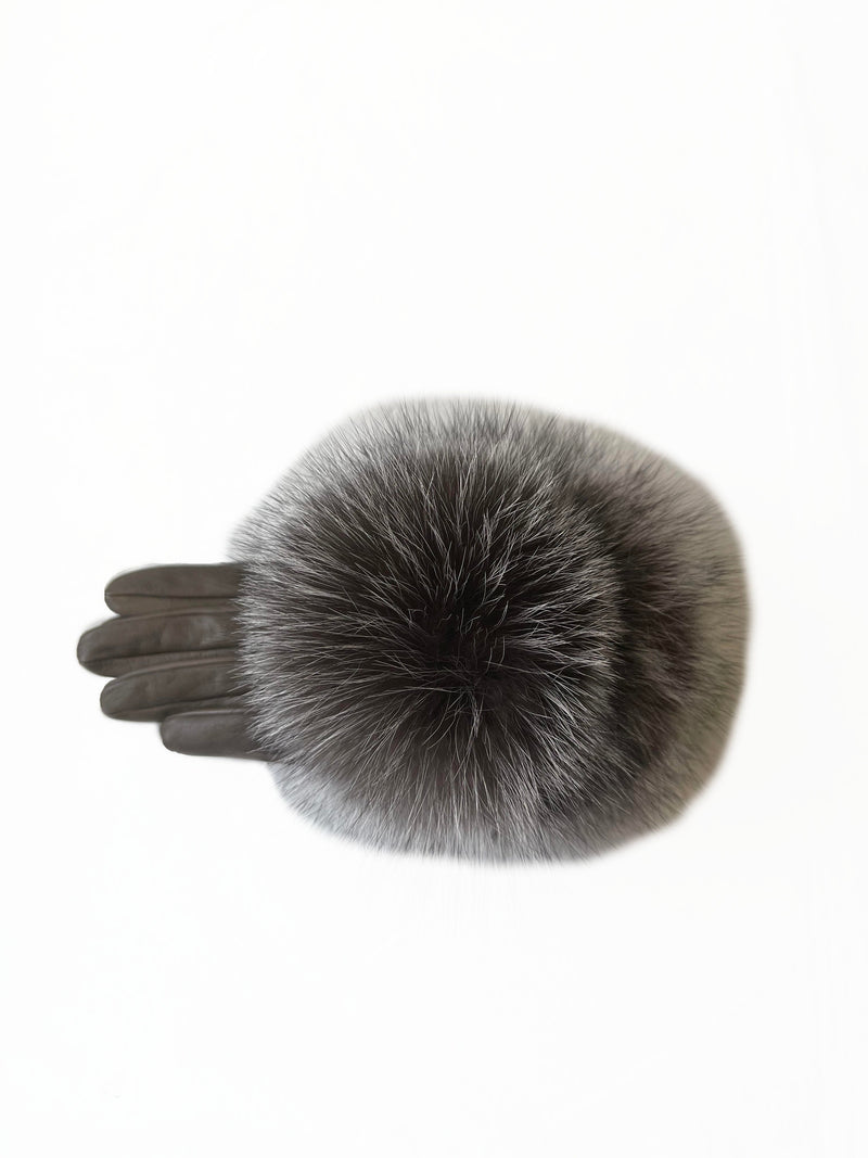 Mit Seide gefütterte Lederhandschuhe für Damen mit Fuchspelz-Pom Pom-Veronique Pom Pom