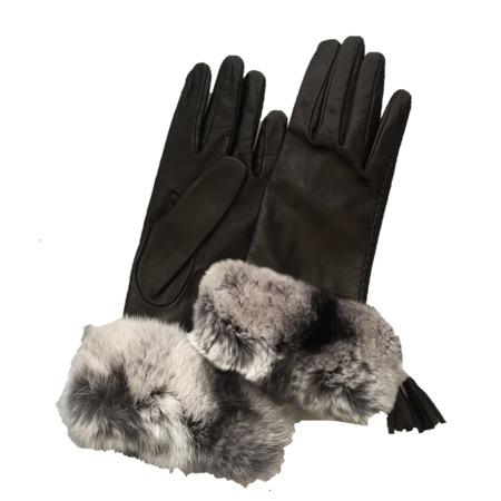 Damen-Handschuhe aus Seiden-Lind-Leder mit Kaninchenfell-Manschetten-Veronique-Quaste