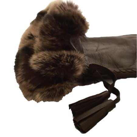 Damen-Handschuhe aus Seiden-Lind-Leder mit Kaninchenfell-Manschetten-Veronique-Quaste
