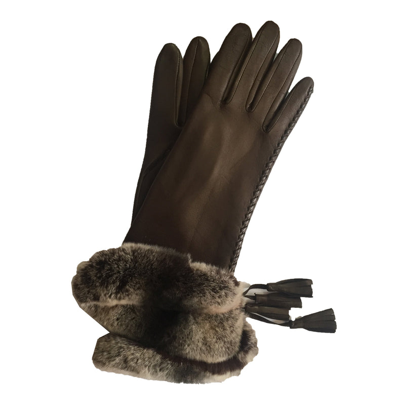 Damen-Handschuhe aus Seiden-Lind-Leder mit Kaninchenfell-Manschetten-Veronique-Quaste